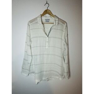 Columbia Women's Sz Large Teal White long Sleeve Pullover Button Cotton shirt